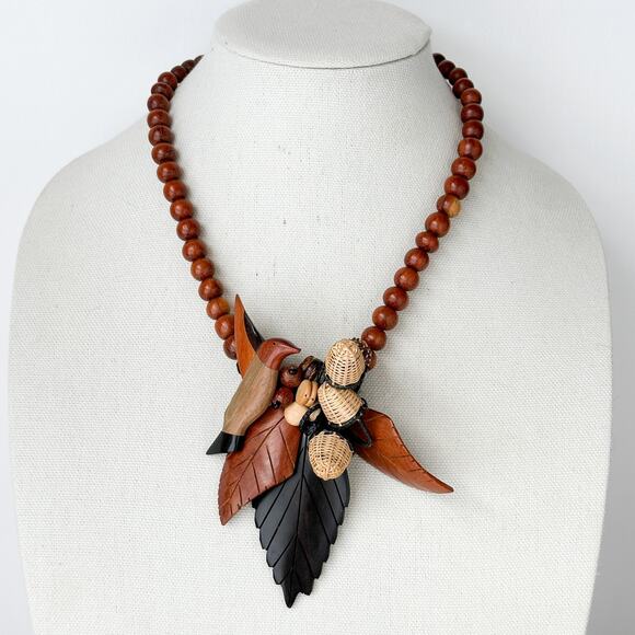 Carved Wood Hummingbird Statement Necklace Vtg Chunky Boho 1970s Beaded Handmade - Picture 13 of 13